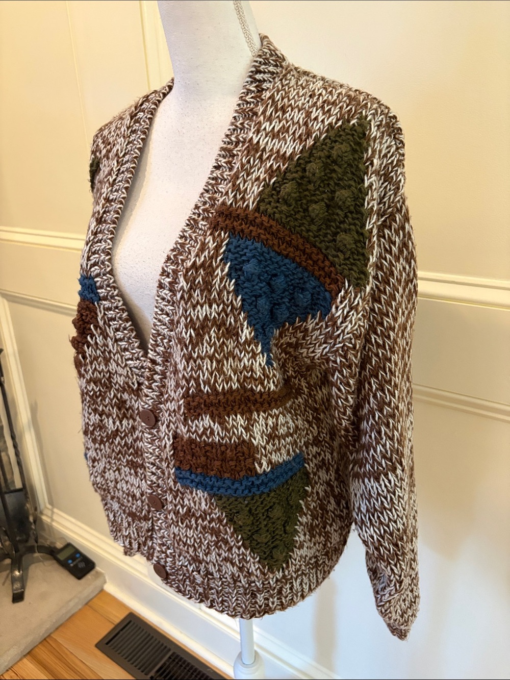 Cozy Brown Multi-Accent V-Neck Button Cardigan - Picture 2 of 7